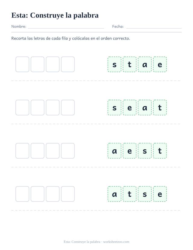 Ficha de la palabra frecuente «esta», construye la palabra para imprimir
