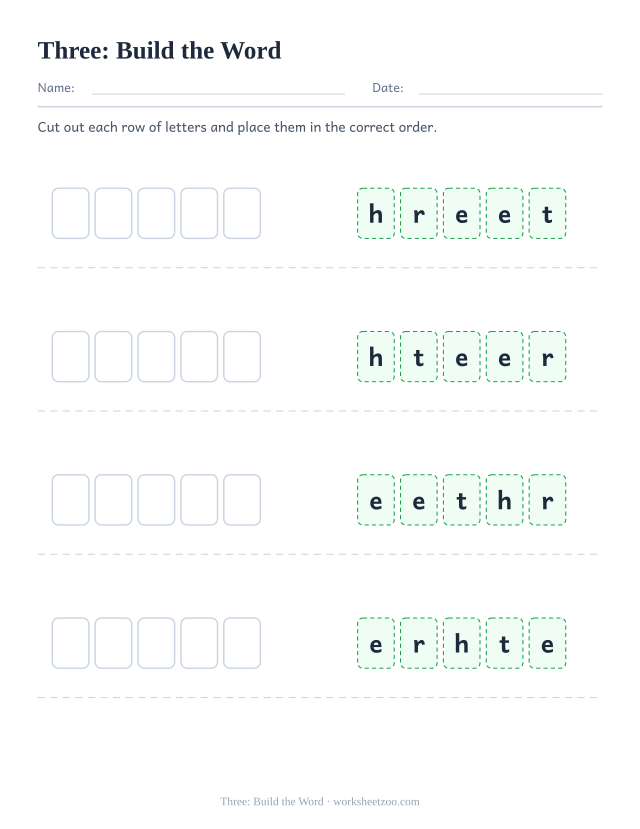 Sight word “three” worksheet, build the word printable activity