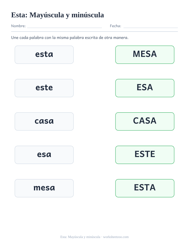 Ficha de la palabra frecuente «esta», mayúscula y minúscula para imprimir