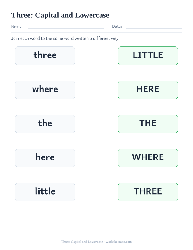 Sight word “three” worksheet, capital and lowercase printable activity