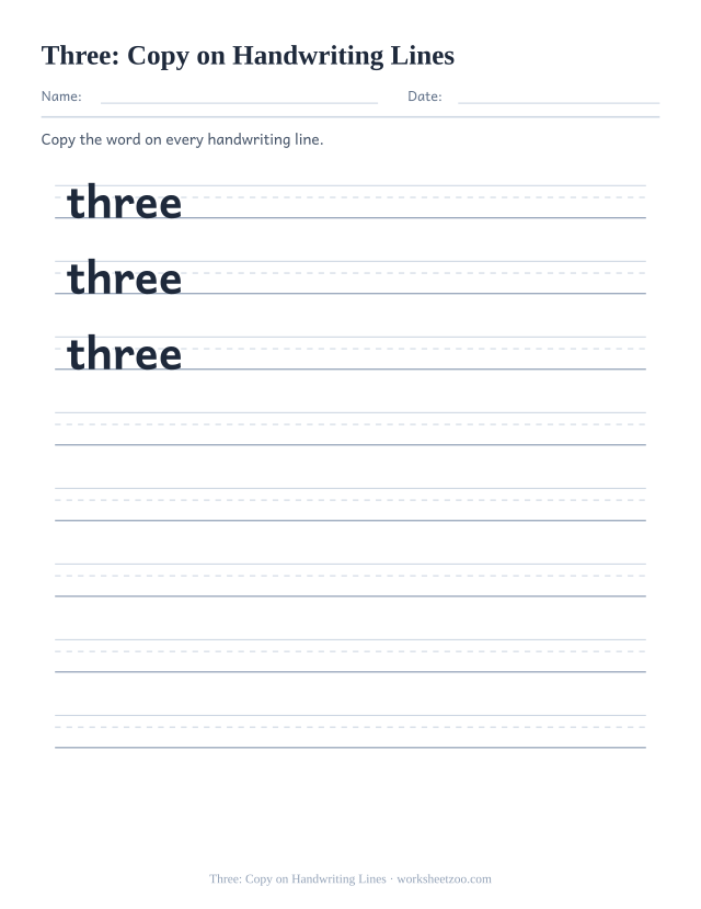 Sight word “three” worksheet, copy on handwriting lines printable activity