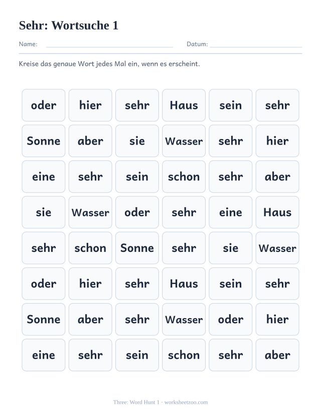 Vorschau: häufiges Wort „sehr“, Wortsuche 1