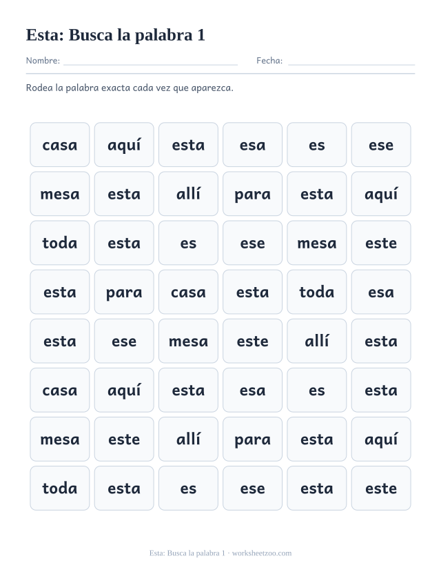 Ficha de la palabra frecuente «esta», busca la palabra 1 para imprimir