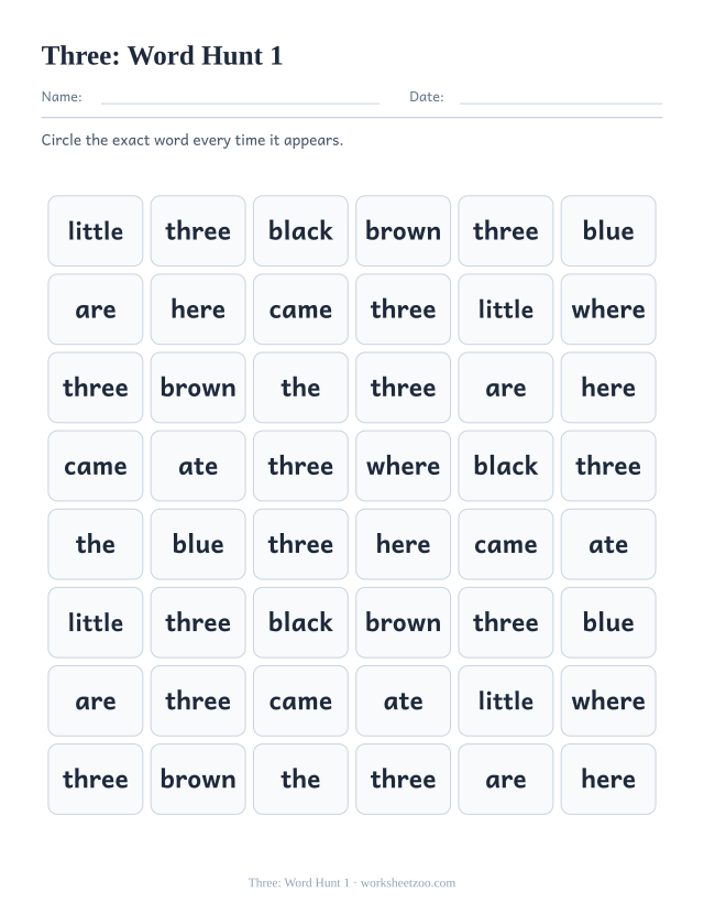 Sight word “three” worksheet, word hunt 1 printable activity