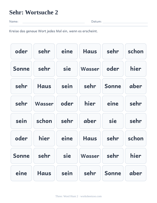Vorschau: häufiges Wort „sehr“, Wortsuche 2