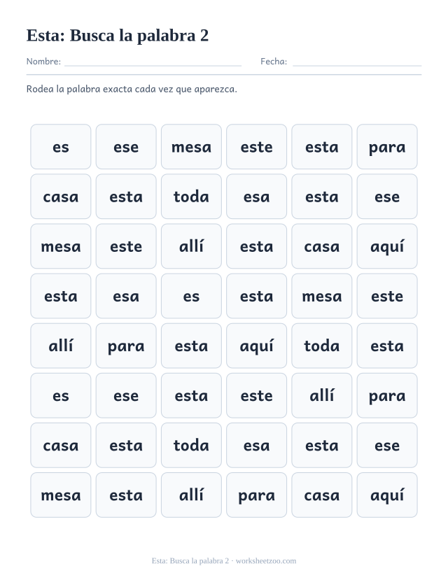 Ficha de la palabra frecuente «esta», busca la palabra 2 para imprimir