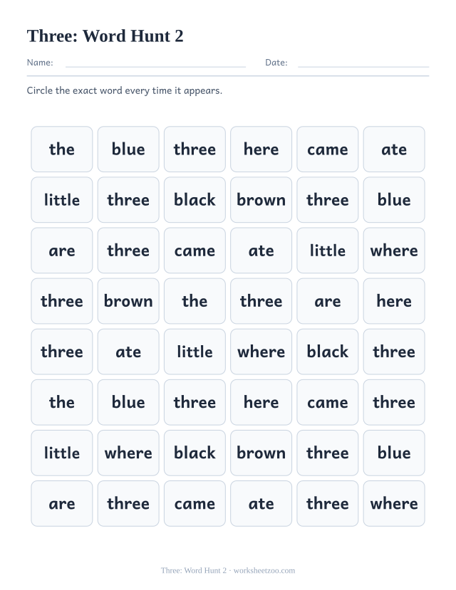Sight word “three” worksheet, word hunt 2 printable activity