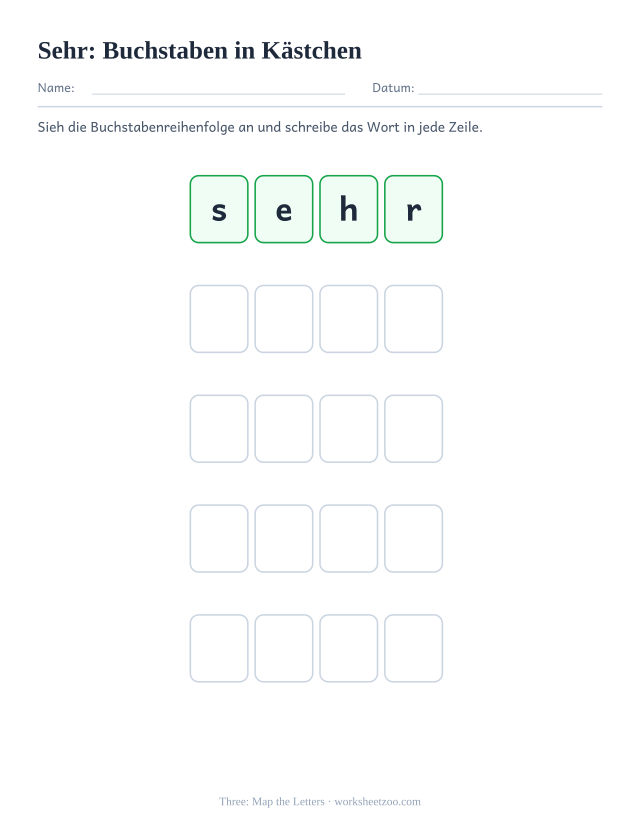 Vorschau: häufiges Wort „sehr“, Buchstaben in Kästchen