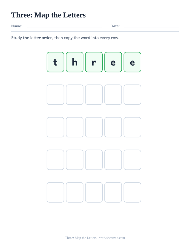 Sight word “three” worksheet, map the letters printable activity