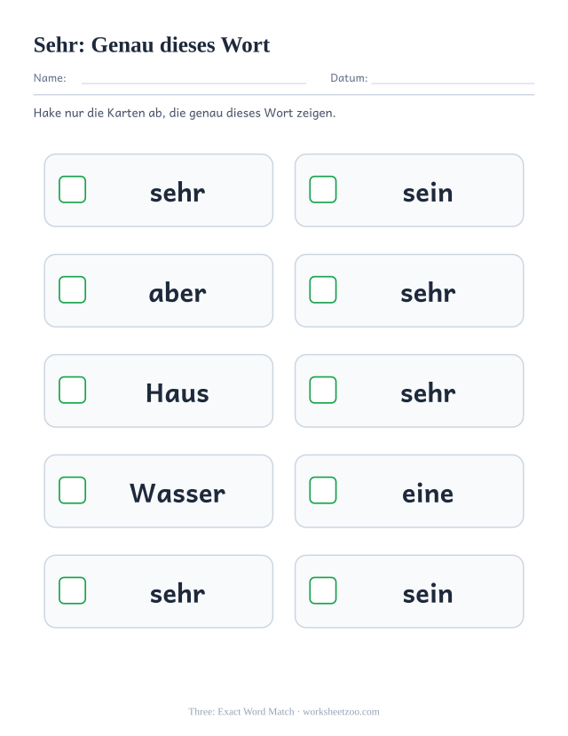 Vorschau: häufiges Wort „sehr“, Genau dieses Wort