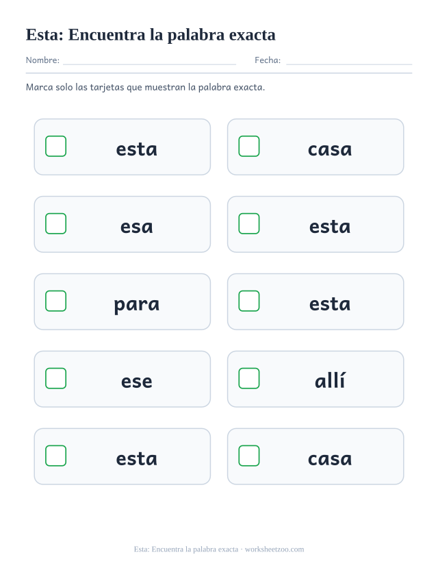Ficha de la palabra frecuente «esta», encuentra la palabra exacta para imprimir