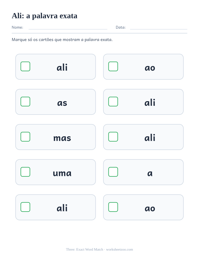 Prévia da palavra frequente “ali”, a palavra exata