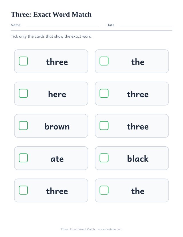 Sight word “three” worksheet, exact word match printable activity