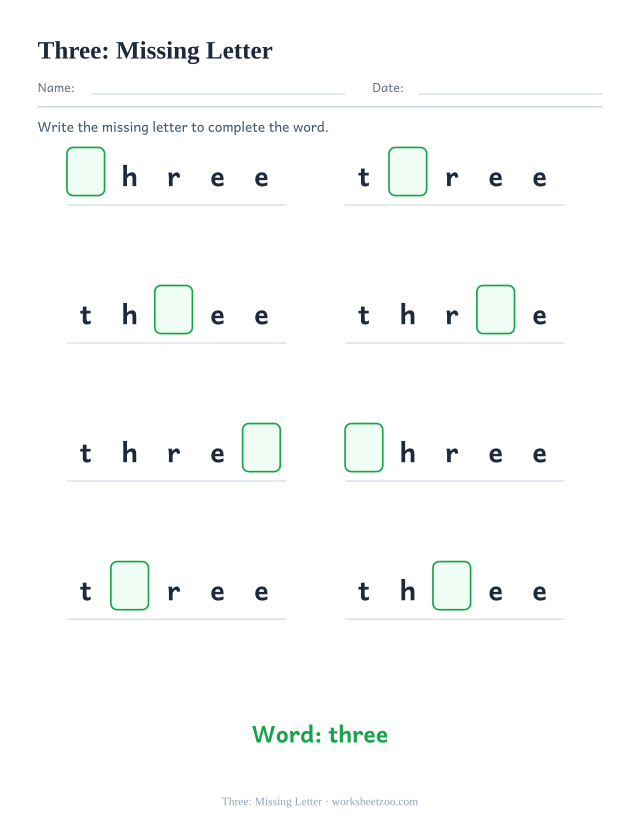 Sight word “three” worksheet, missing letter printable activity