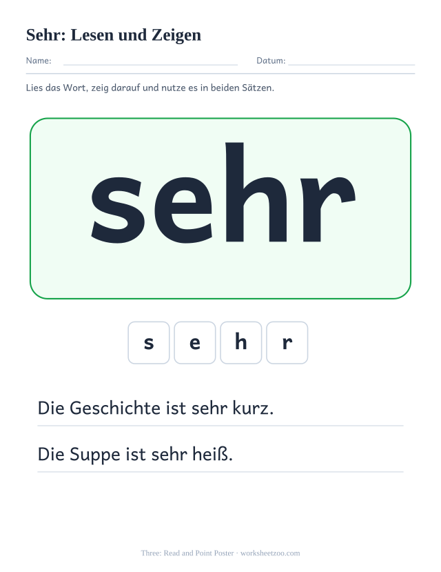 Vorschau: häufiges Wort „sehr“, Lesen und Zeigen