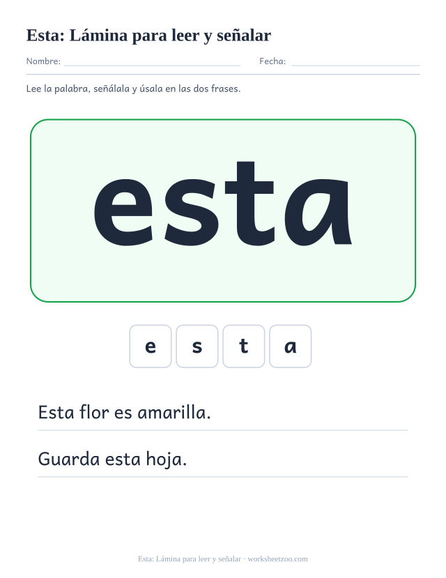 Ficha de la palabra frecuente «esta», lámina para leer y señalar para imprimir