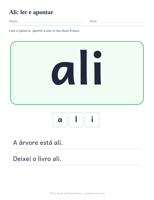 Prévia da palavra frequente “ali”, ler e apontar