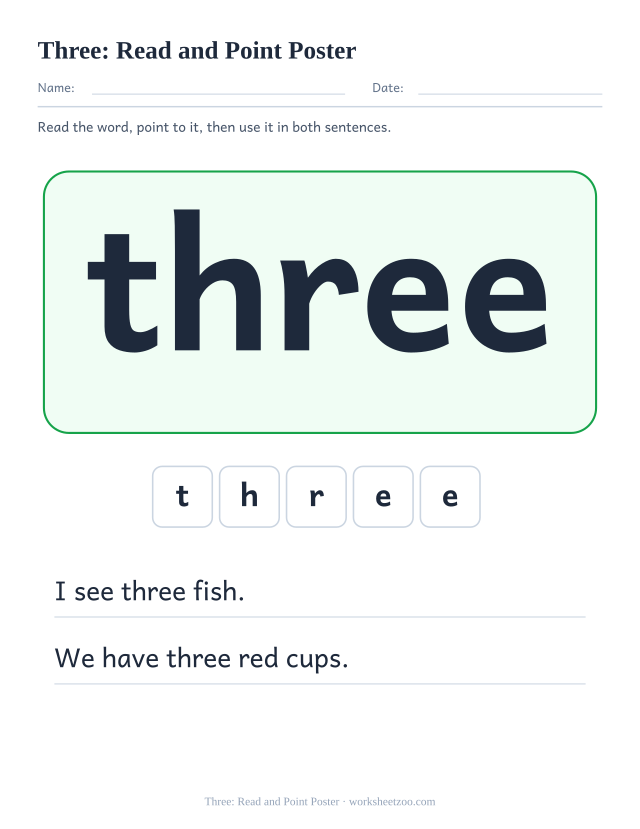 Sight word “three” worksheet, read and point poster printable activity