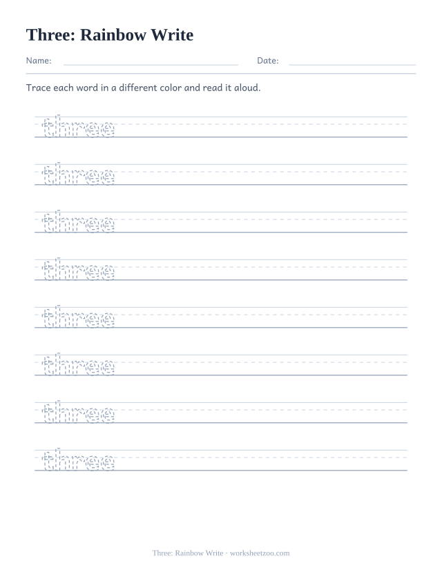 Sight word “three” worksheet, rainbow write printable activity