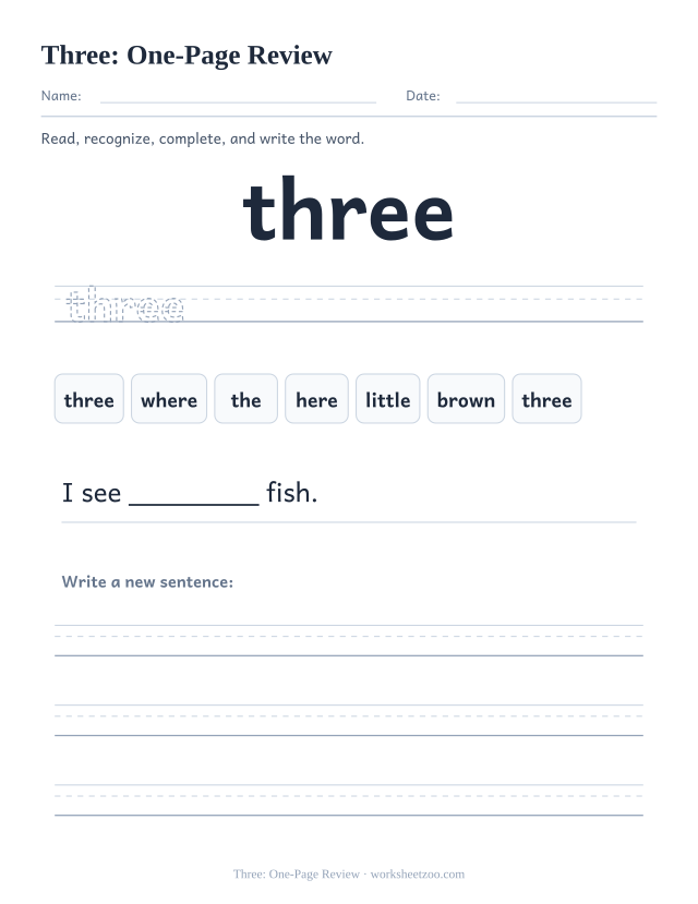 Sight word “three” worksheet, one-page review printable activity