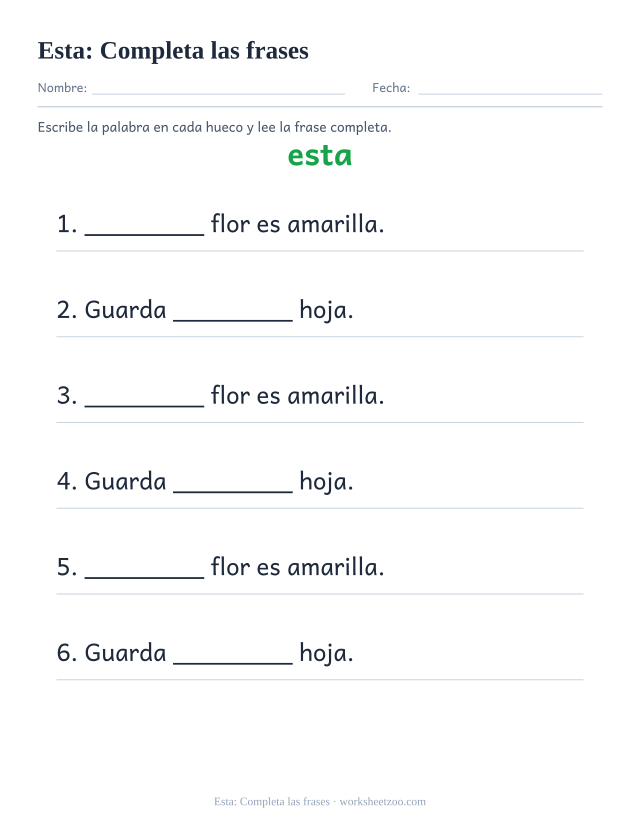 Ficha de la palabra frecuente «esta», completa las frases para imprimir