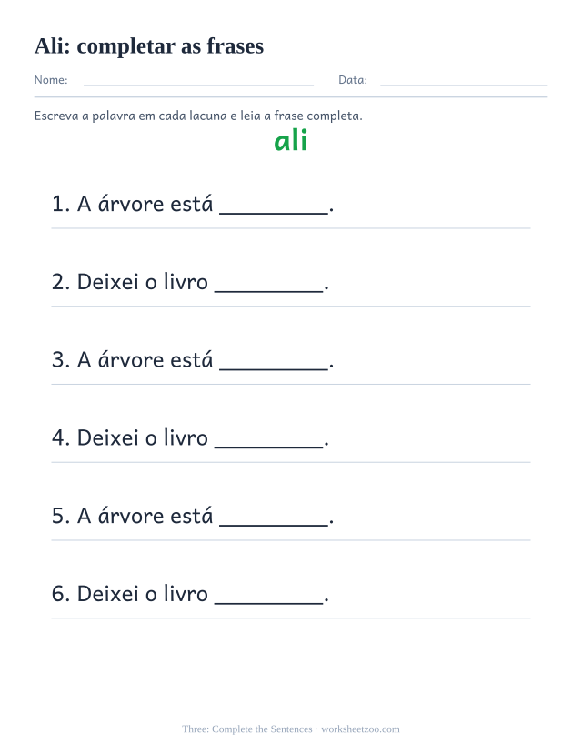 Prévia da palavra frequente “ali”, completar as frases