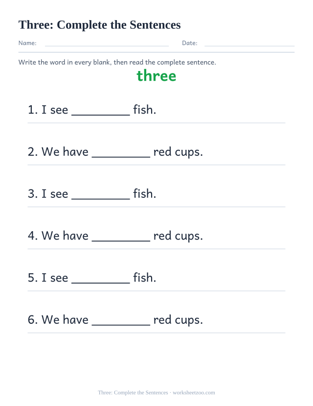 Sight word “three” worksheet, complete the sentences printable activity