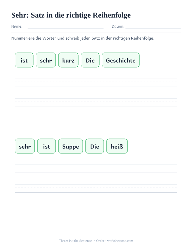 Vorschau: häufiges Wort „sehr“, Satz in die richtige Reihenfolge