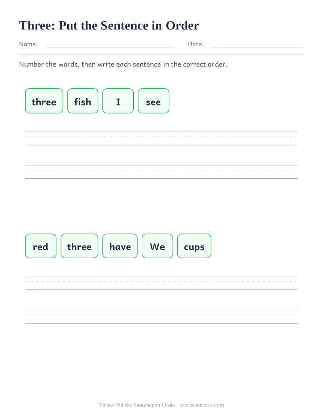 Sight word “three” worksheet, put the sentence in order printable activity