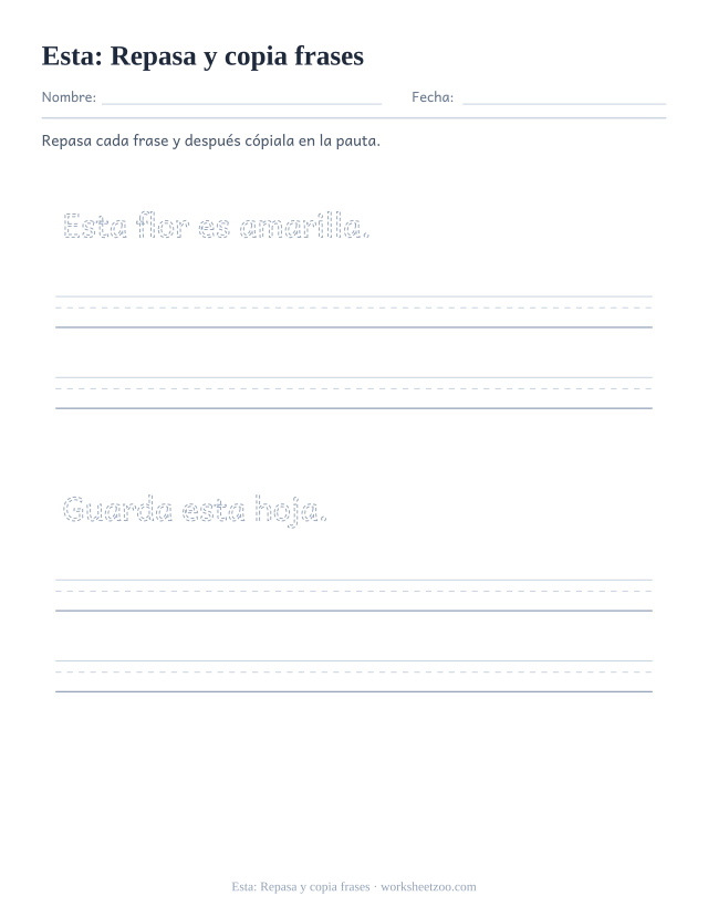 Ficha de la palabra frecuente «esta», repasa y copia frases para imprimir
