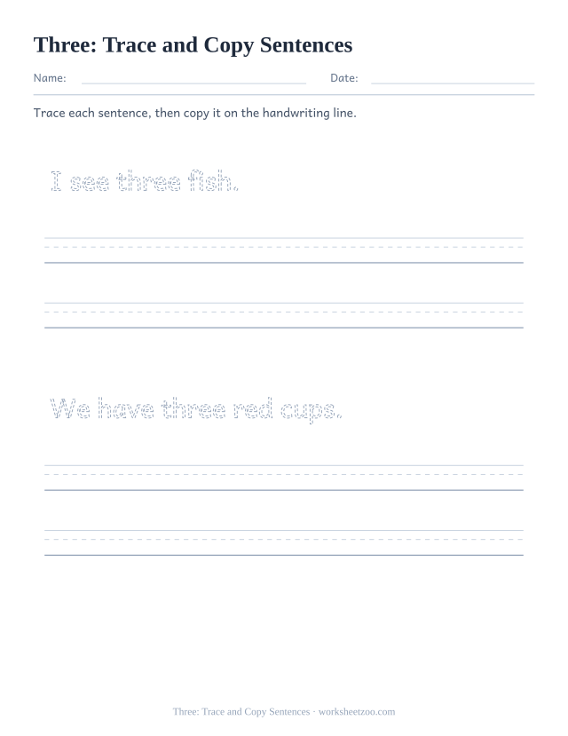 Sight word “three” worksheet, trace and copy sentences printable activity