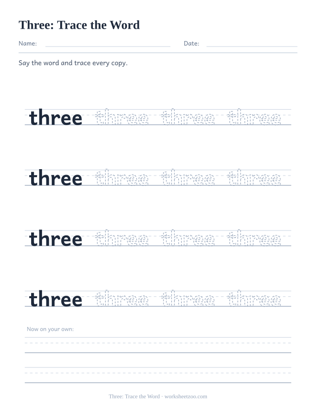 Sight word “three” worksheet, trace the word printable activity