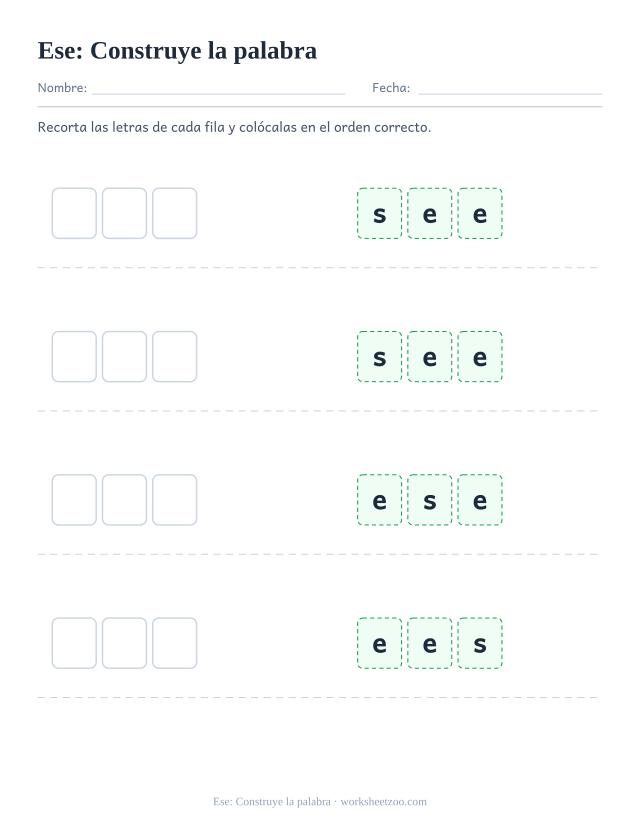 Ficha de la palabra frecuente «ese», construye la palabra para imprimir