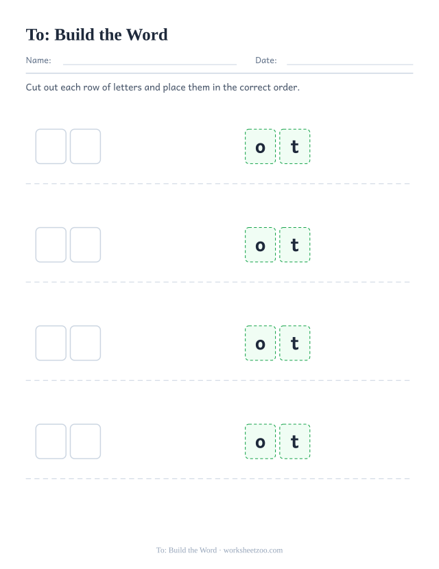 Sight word “to” worksheet, build the word printable activity