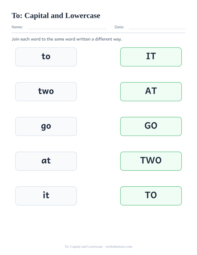 Sight word “to” worksheet, capital and lowercase printable activity
