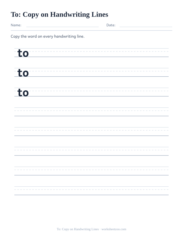 Sight word “to” worksheet, copy on handwriting lines printable activity