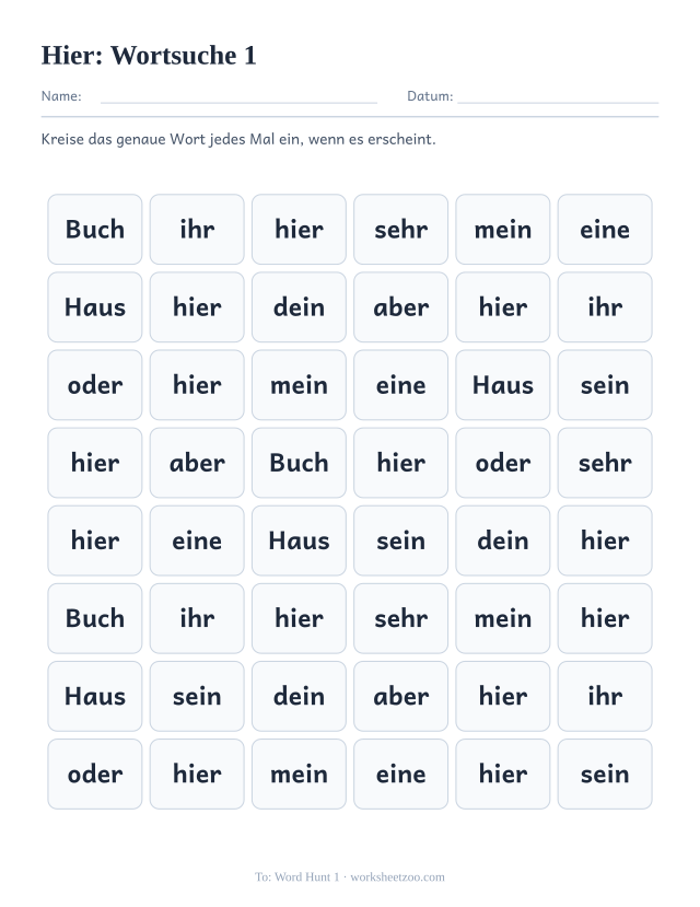 Vorschau: häufiges Wort „hier“, Wortsuche 1