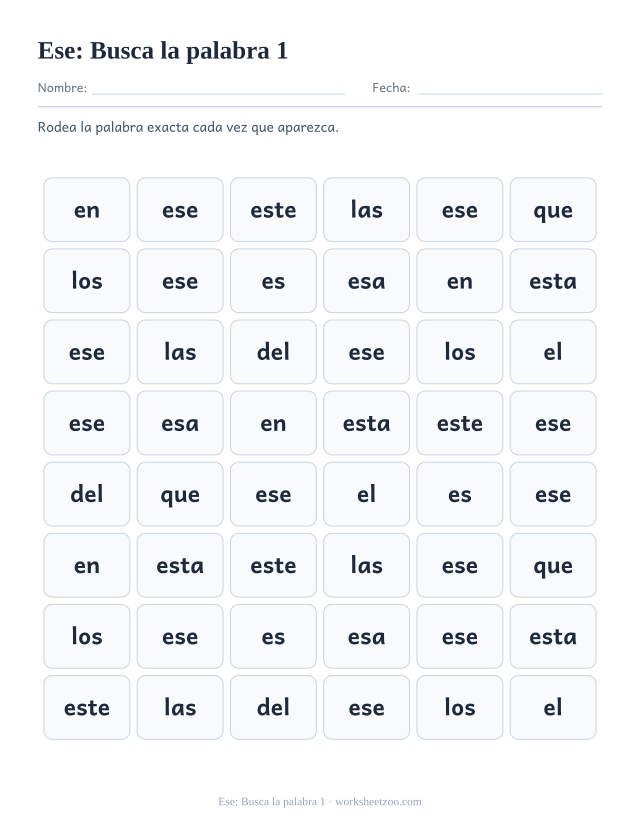 Ficha de la palabra frecuente «ese», busca la palabra 1 para imprimir