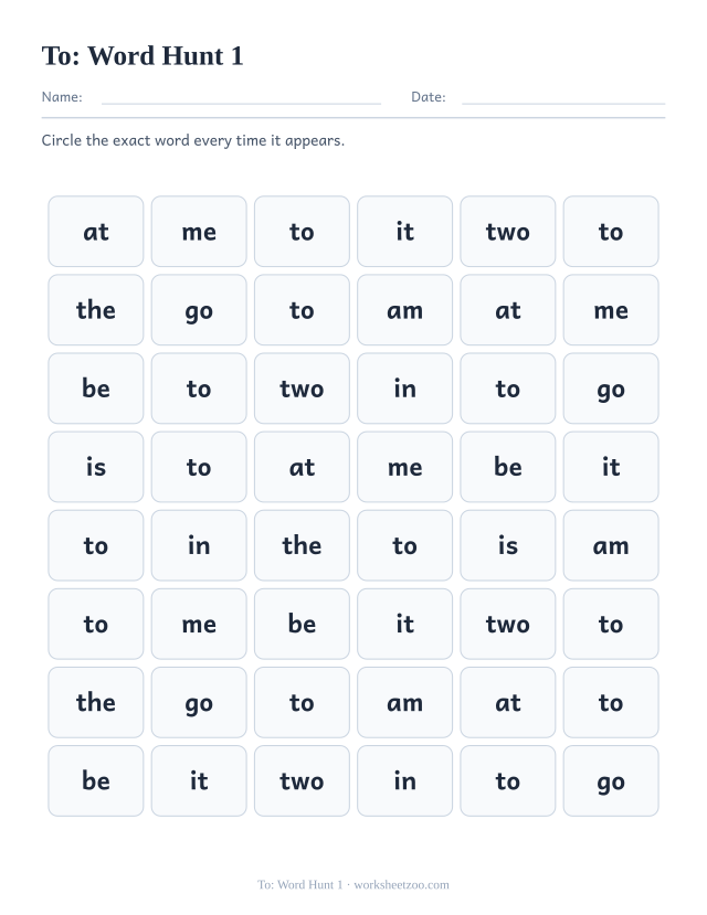 Sight word “to” worksheet, word hunt 1 printable activity