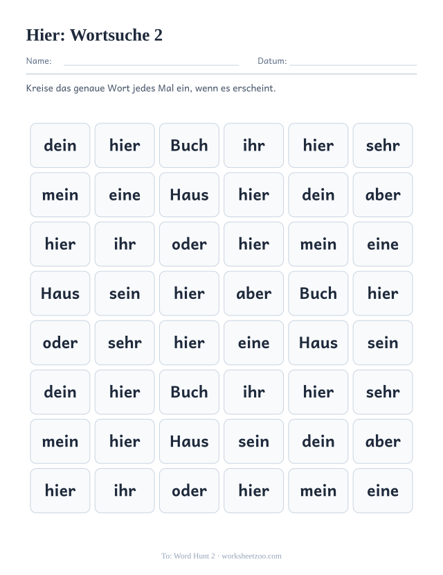 Vorschau: häufiges Wort „hier“, Wortsuche 2