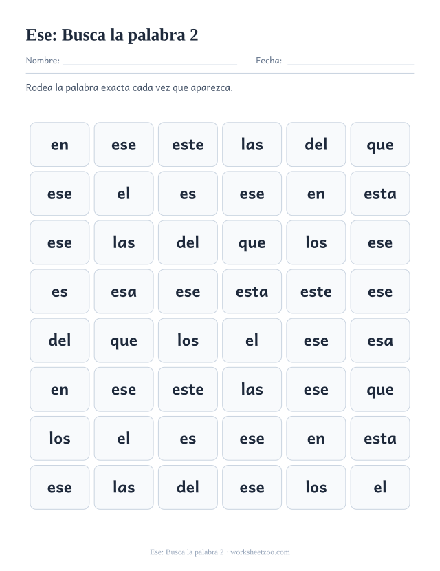 Ficha de la palabra frecuente «ese», busca la palabra 2 para imprimir