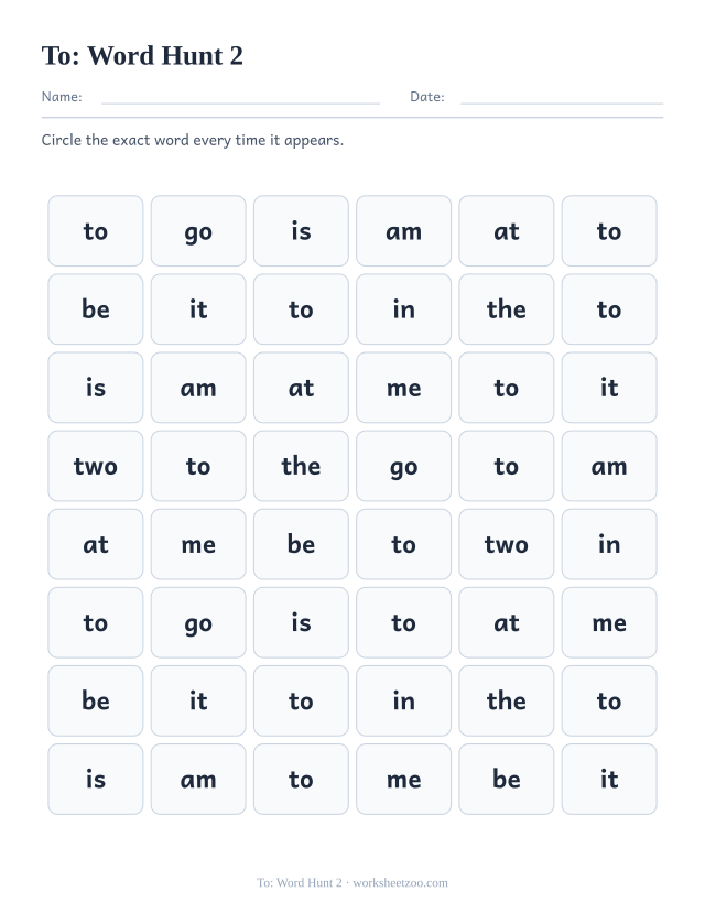 Sight word “to” worksheet, word hunt 2 printable activity