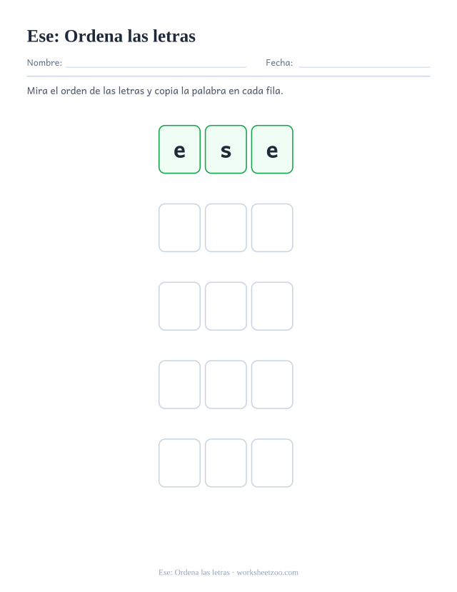 Ficha de la palabra frecuente «ese», ordena las letras para imprimir