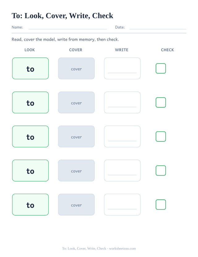 Sight word “to” worksheet, look, cover, write, check printable activity
