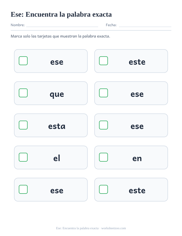 Ficha de la palabra frecuente «ese», encuentra la palabra exacta para imprimir