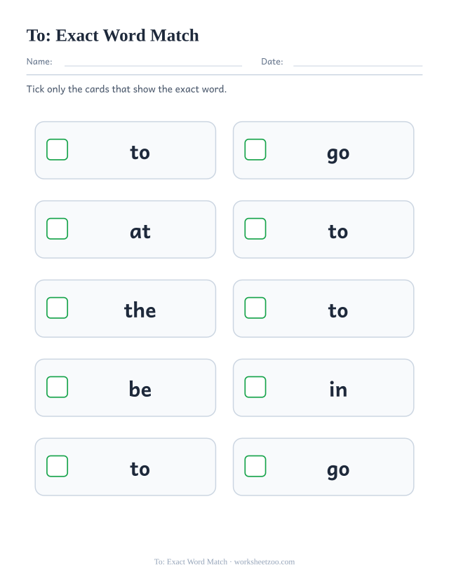 Sight word “to” worksheet, exact word match printable activity