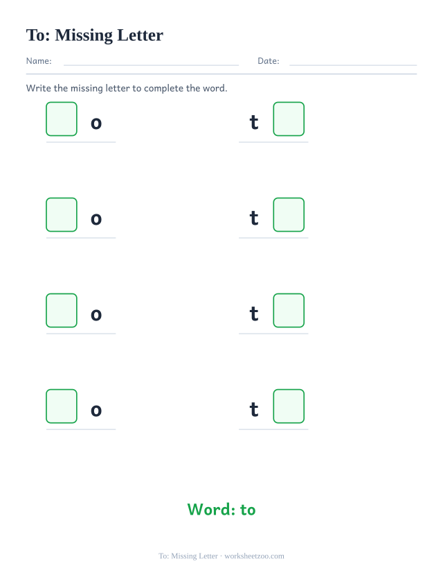 Sight word “to” worksheet, missing letter printable activity