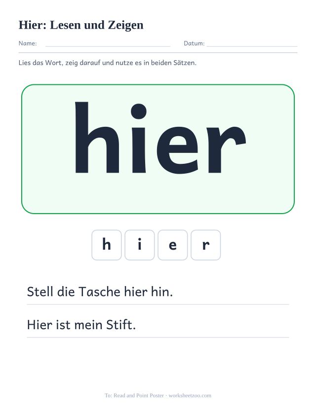 Vorschau: häufiges Wort „hier“, Lesen und Zeigen