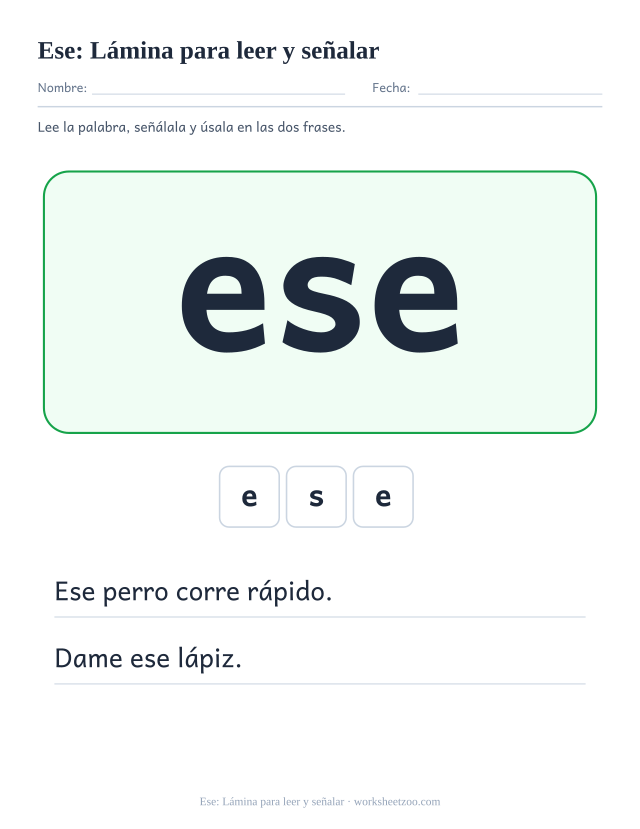 Ficha de la palabra frecuente «ese», lámina para leer y señalar para imprimir