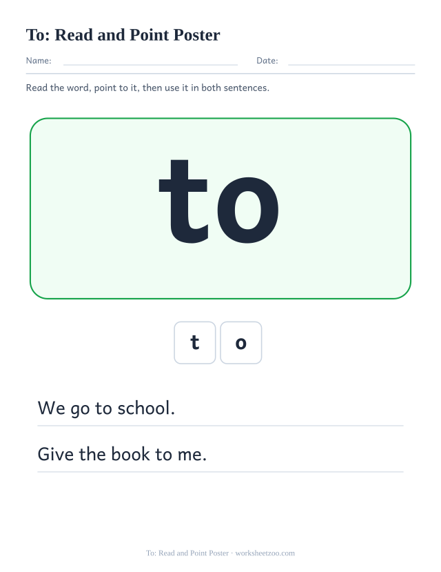 Sight word “to” worksheet, read and point poster printable activity